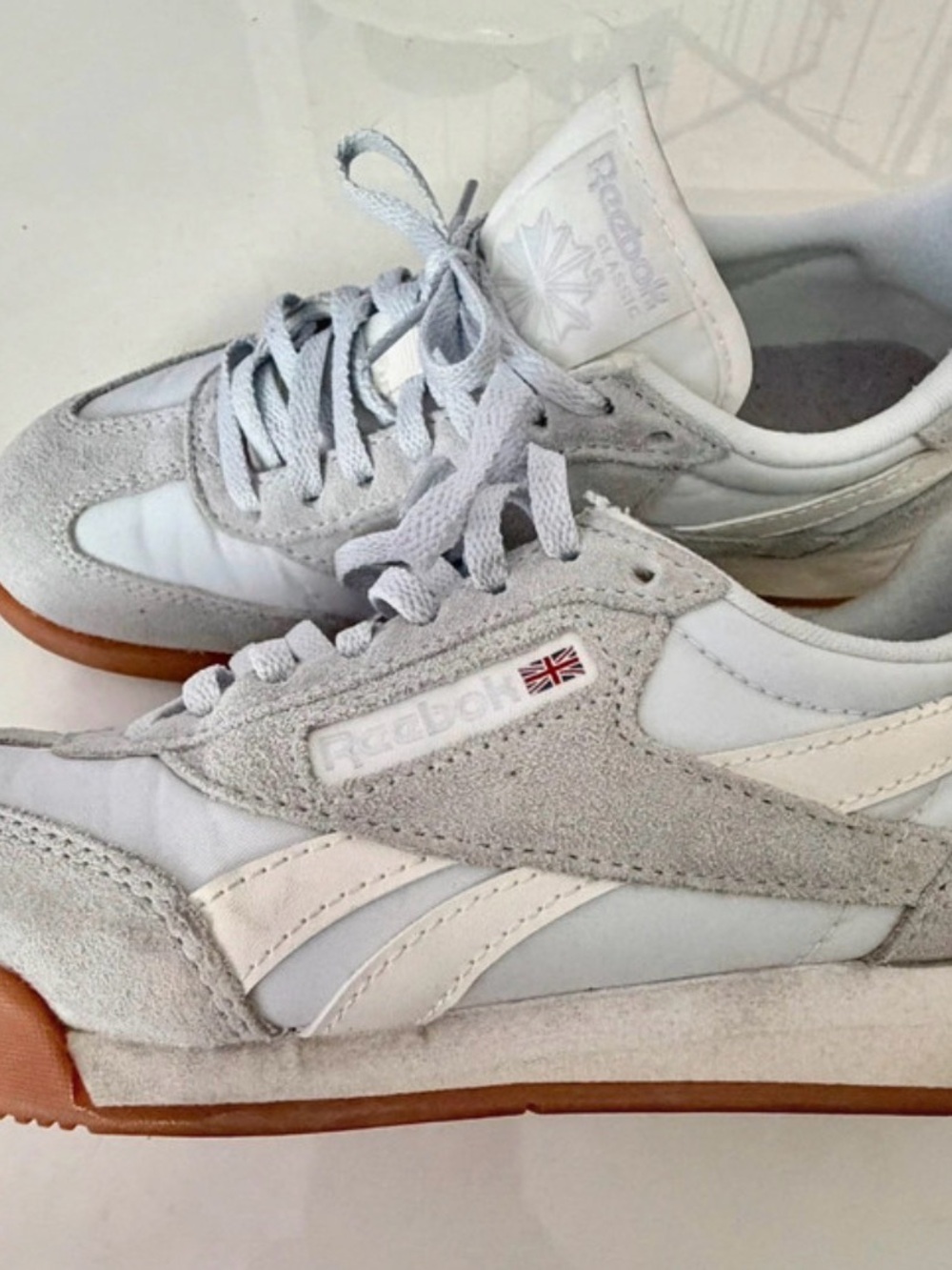 Reebok Women's Light Grey & White Suede Sneakers with Gum Sole